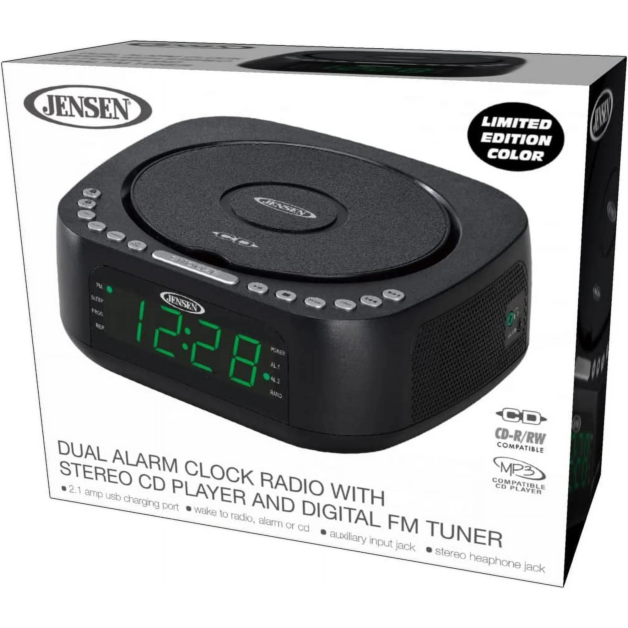 Jensen JCR-375 BLK Green LED CD/MP3 Clock Radio USB charge (Black) Cheap Best Seller