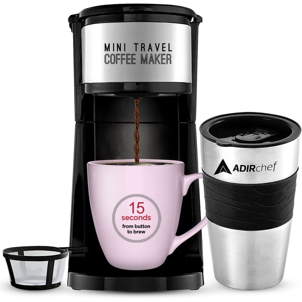 AdirChef Mini Travel Single Serve Coffee Maker & 15 oz. Travel Mug Coffee Tumbler & Reusable Filter Outlet Choice