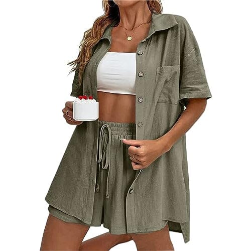 2-Piece Set: Tracksuit Outfit Sets Cotton Linen Shirt and High Waisted Mini Shorts Set Clearance Manchester