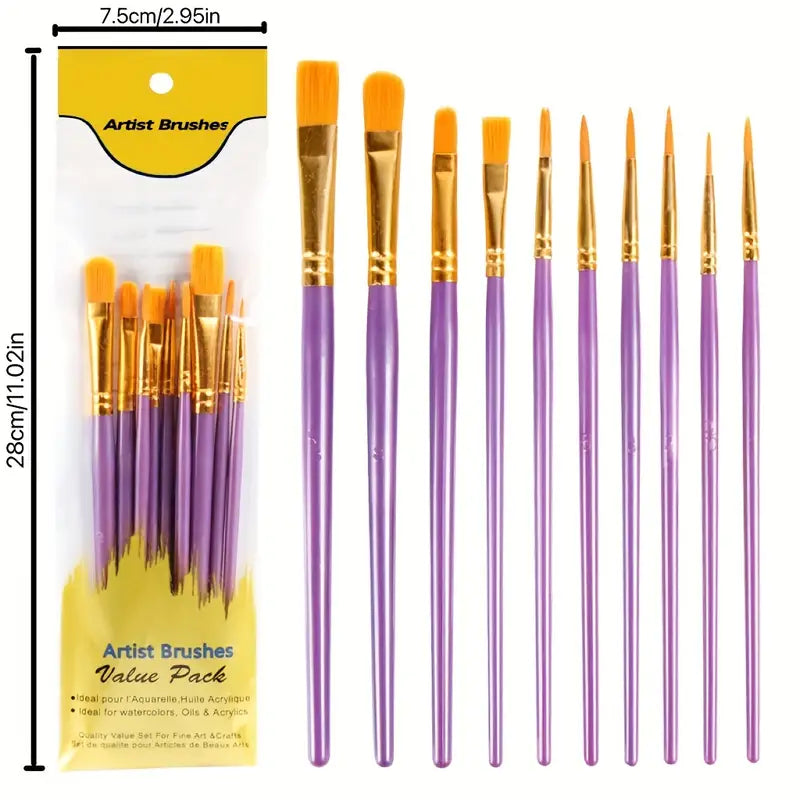 10-Pieces: Artist Paintbrush Nylon Round Pointed Flat Head Set Best Store To Get Cheap Online