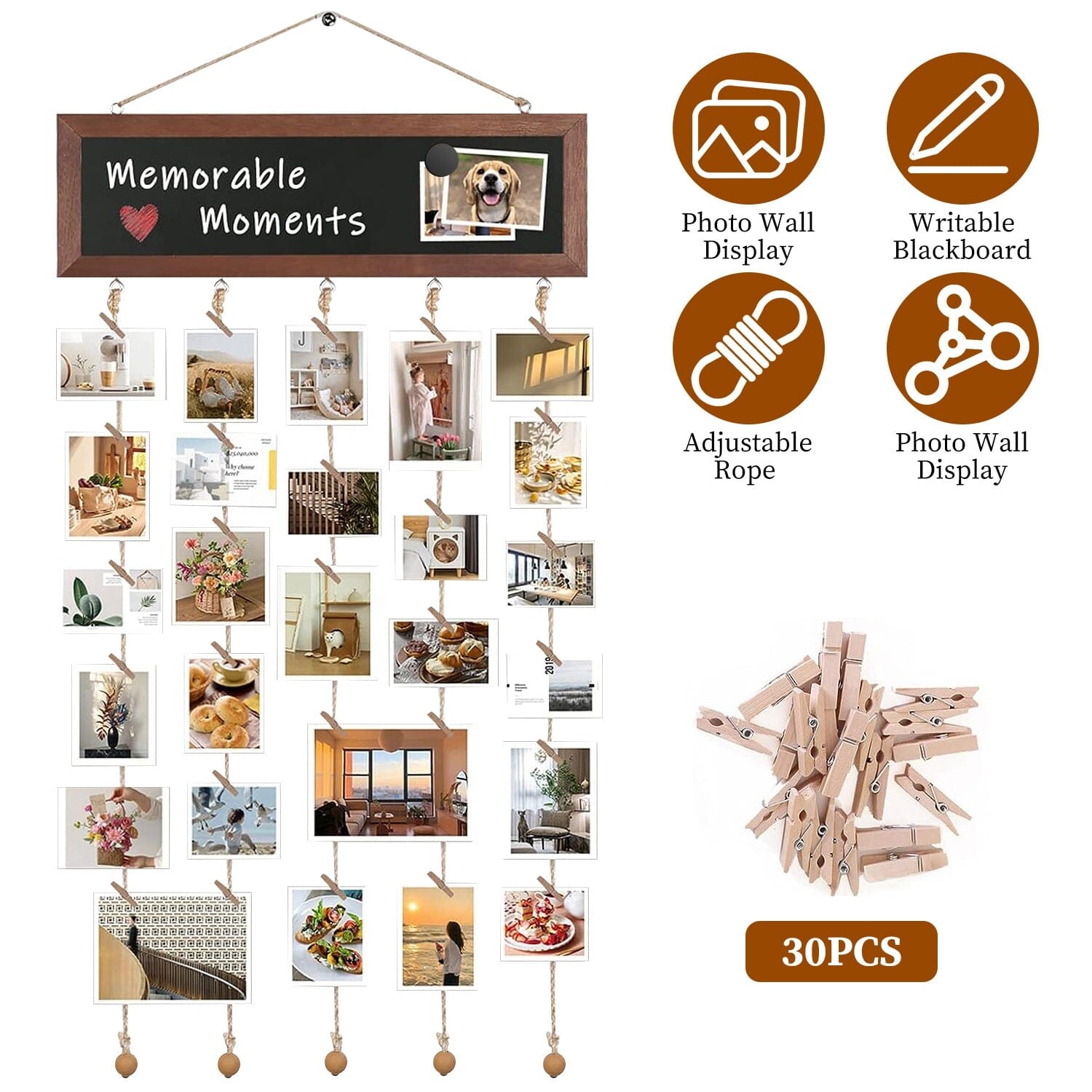 Wooden Hanging Picture Frame Display String Ropes with 30 Clips Writable Blackboard Footlocker Online