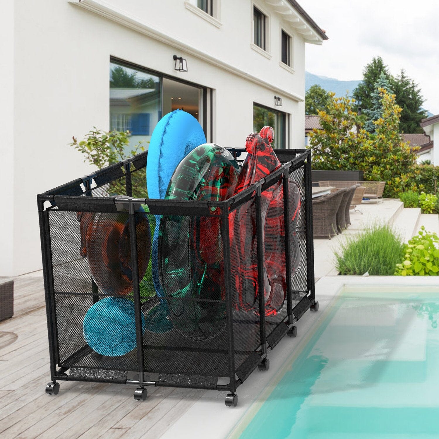 210 Gallon Pool Storage Bin Organizer Rolling Mesh Storage Basket with Lockable Wheels For Sale Free Shipping