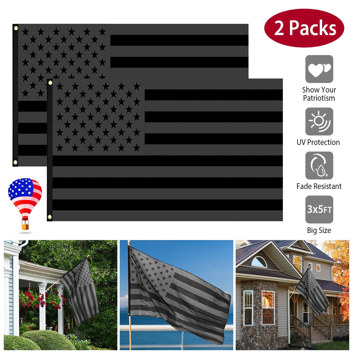 2-Pack: 3X5 Ft. All Black American Flag Outlet Free Shipping Authentic