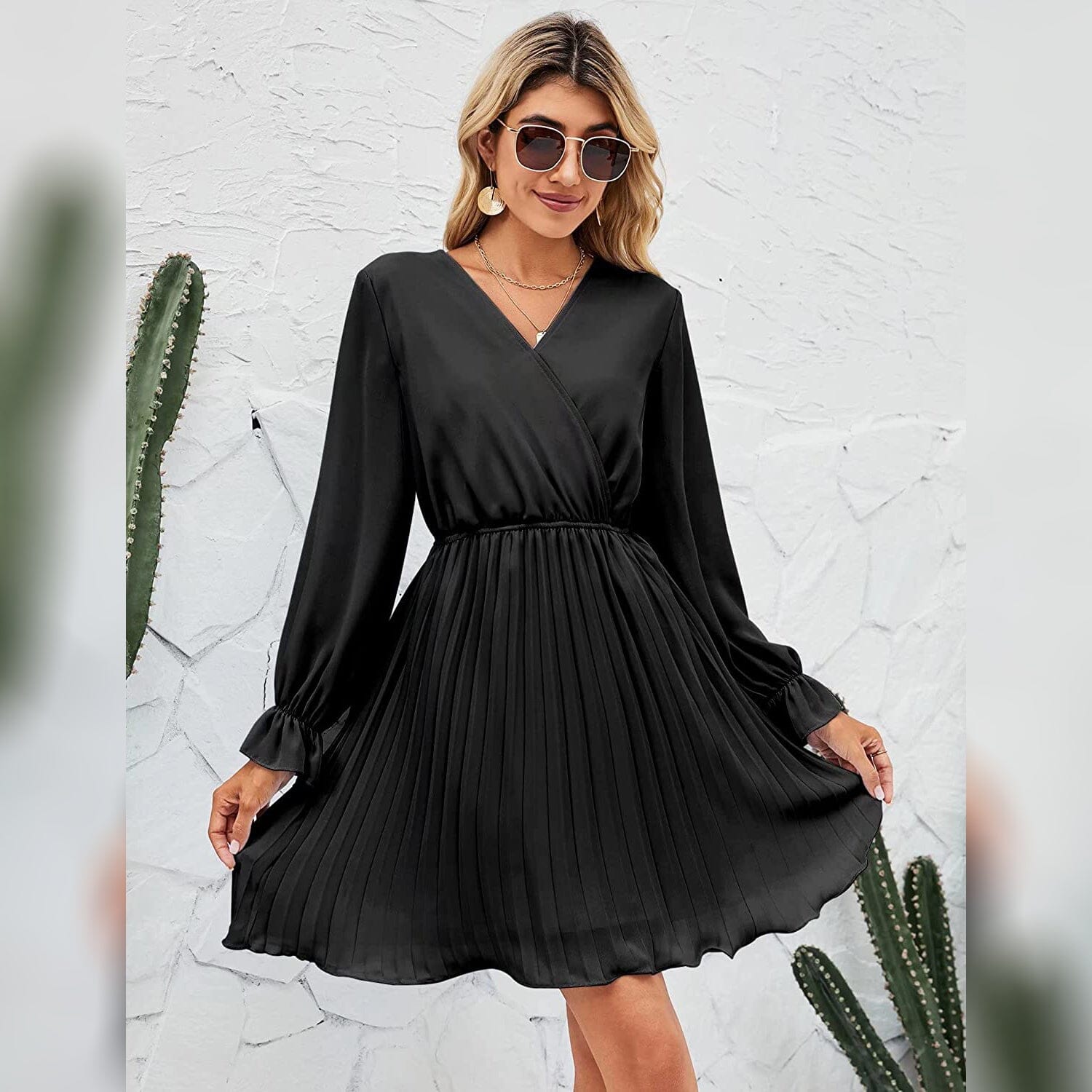 Womens Wrap V Neck Pleated Long Sleeve Mini Dresses Buy Cheap For Nice