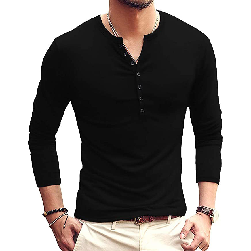 Men's Casual Slim Fit Basic Henley Long Sleeve Free Shipping Best