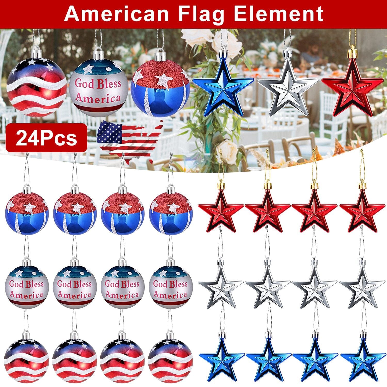 24-Pieces Set: Hanging Ornaments Ball Star Patriotic Outlet Cheap Online