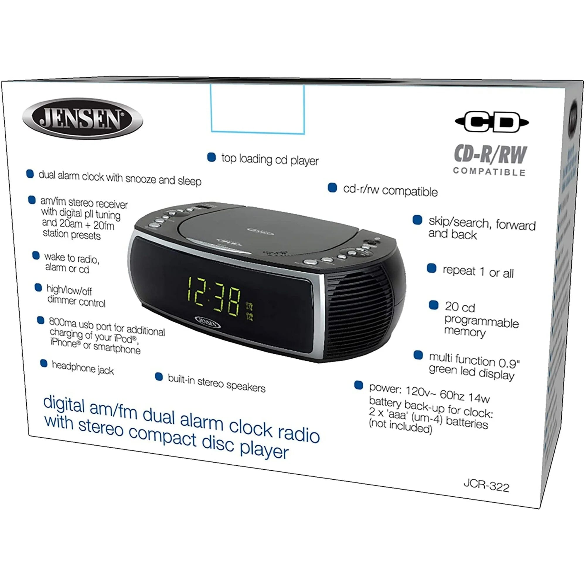 Jensen JCR-322 Modern Home CD Tabletop Stereo Clock Digital AM/FM Radio CD Player Dual Alarm Clock - Black Brand New Unisex