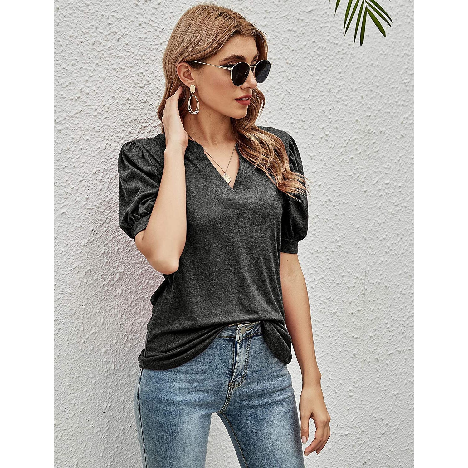 Romanstii Women Casual V-neck T-Shirts Loose Puff Short Free Shipping Cheap Online