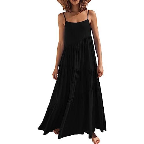 Women's Summer Casual Loose Sleeveless Spaghetti Strap Asymmetric Tiered Beach Maxi Long Dress Sale Hot Sale