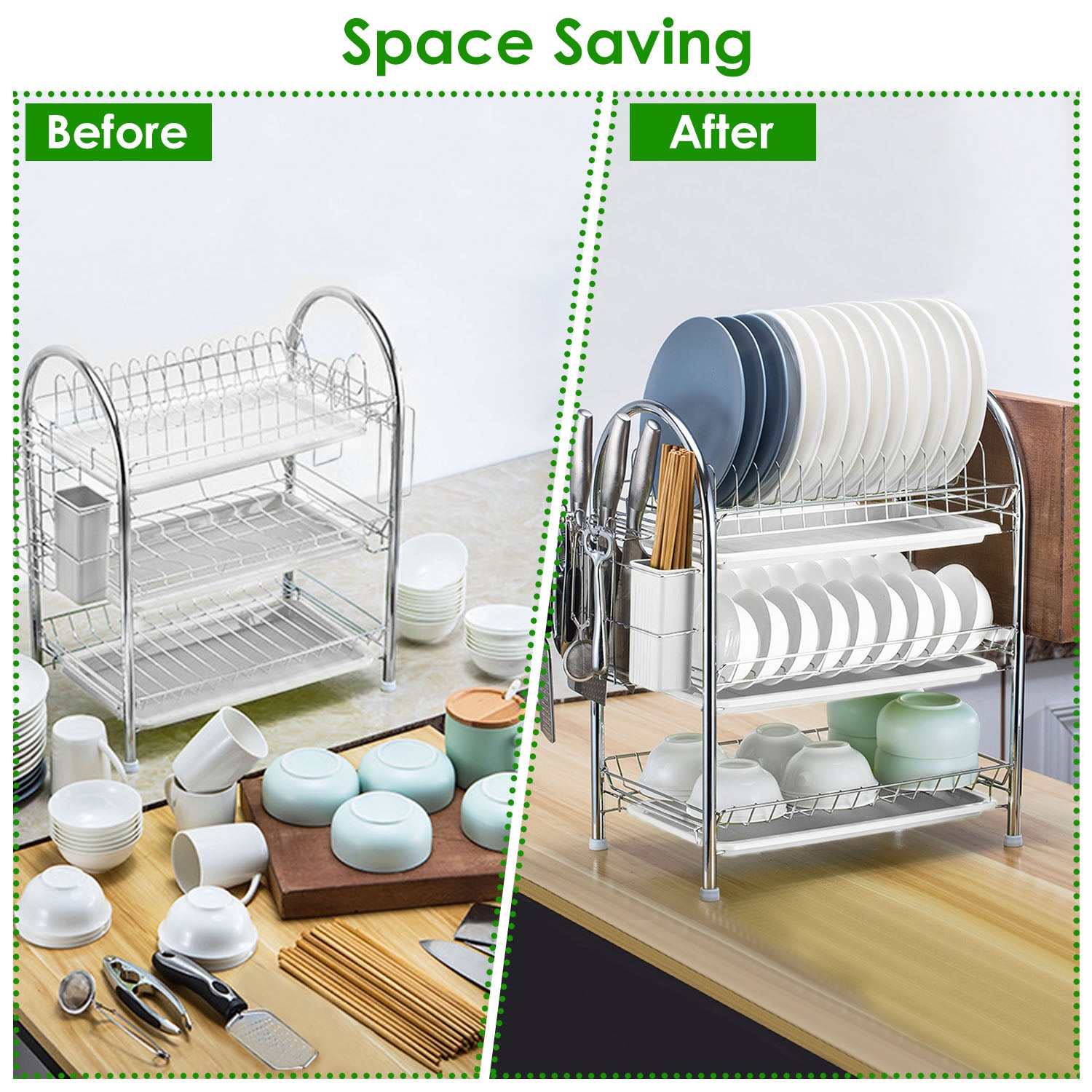 3-Tier Dish Drying Rack Shelf with 3 Drain Trays Chopping Board For Cheap Sale Online