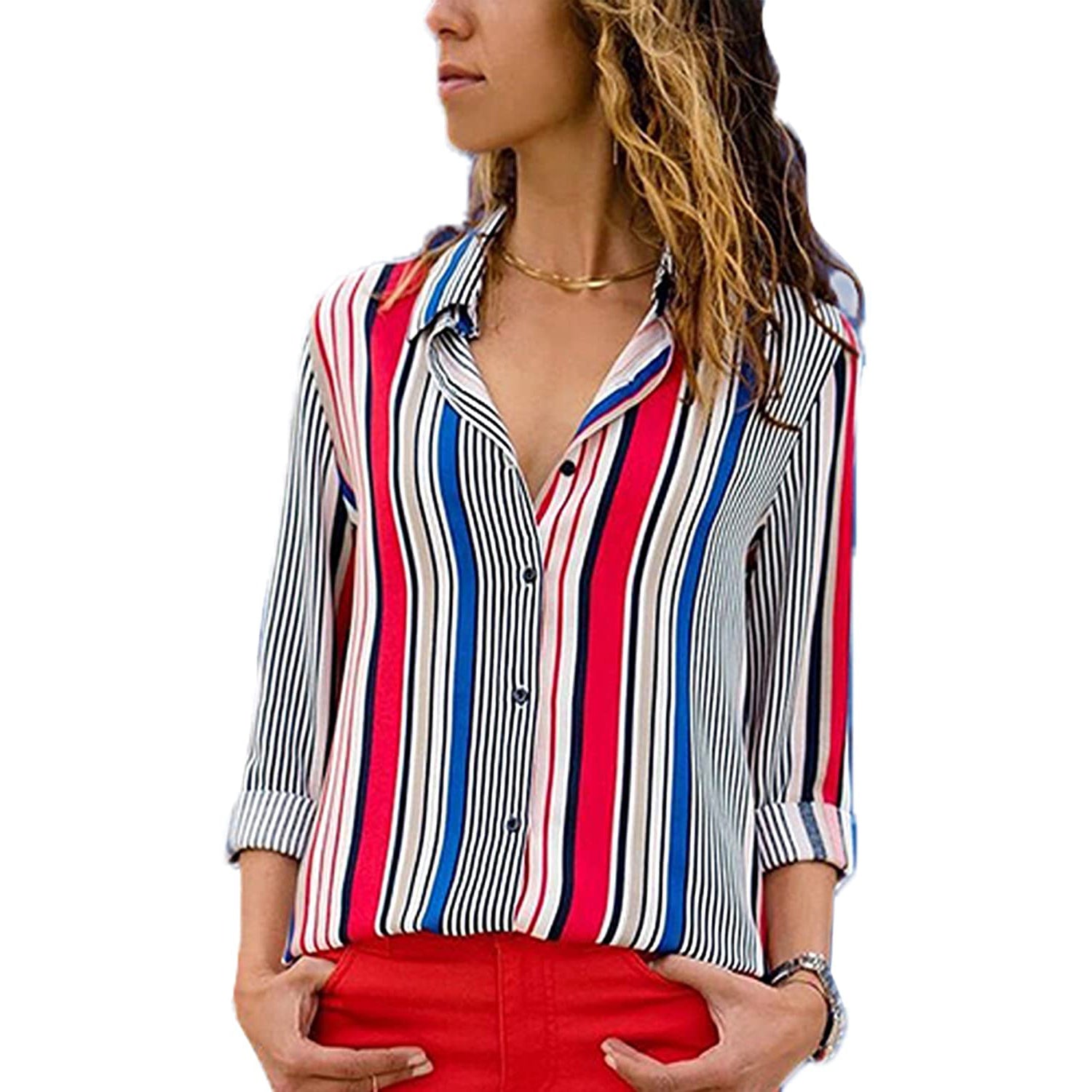 Womens V Neck Striped Roll up Sleeve Button Down Blouses Top Cheap With Credit Card