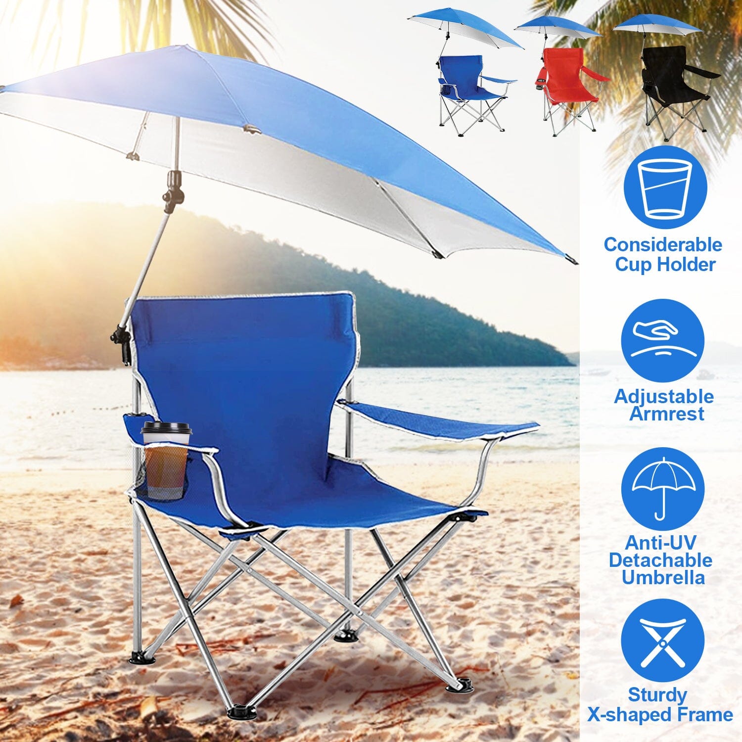 Foldable Beach Chair with Detachable Armrest Adjustable Canopy Stool with Cup Holder Tumblr