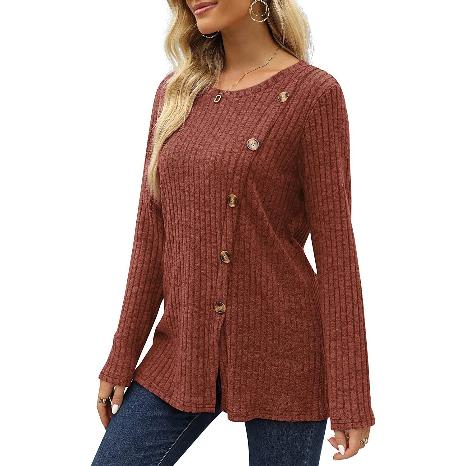 Women's Long Sleeve Crew Neck Tunic Tops Buttons Side Outlet Amazon