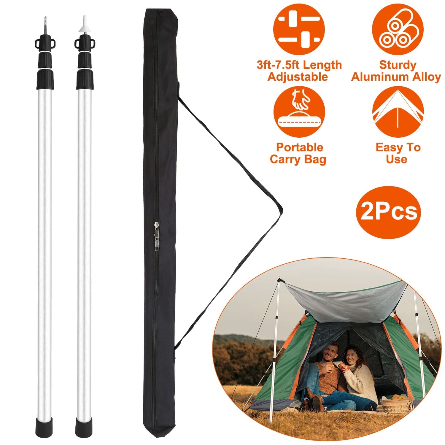 2-Piece: Telescoping Tarp Poles Portable Aluminum Awning Poles Cheap Geniue Stockist