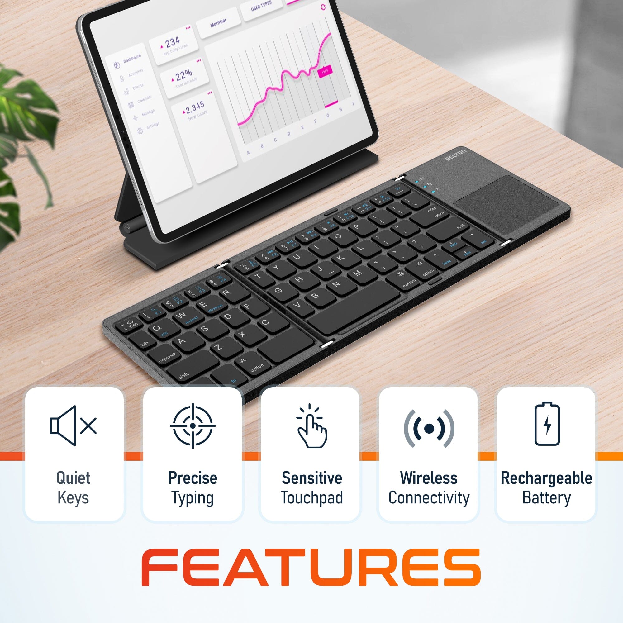 Delton F75 Bluetooth Keyboard with Sensitive Touchpad, Portable & Folding Design, Rechargeable Wireless Keyboard, Compatible with PC/Laptop, iMac, Tablets, Smartphones and More - Black Geniue Stockist For Sale