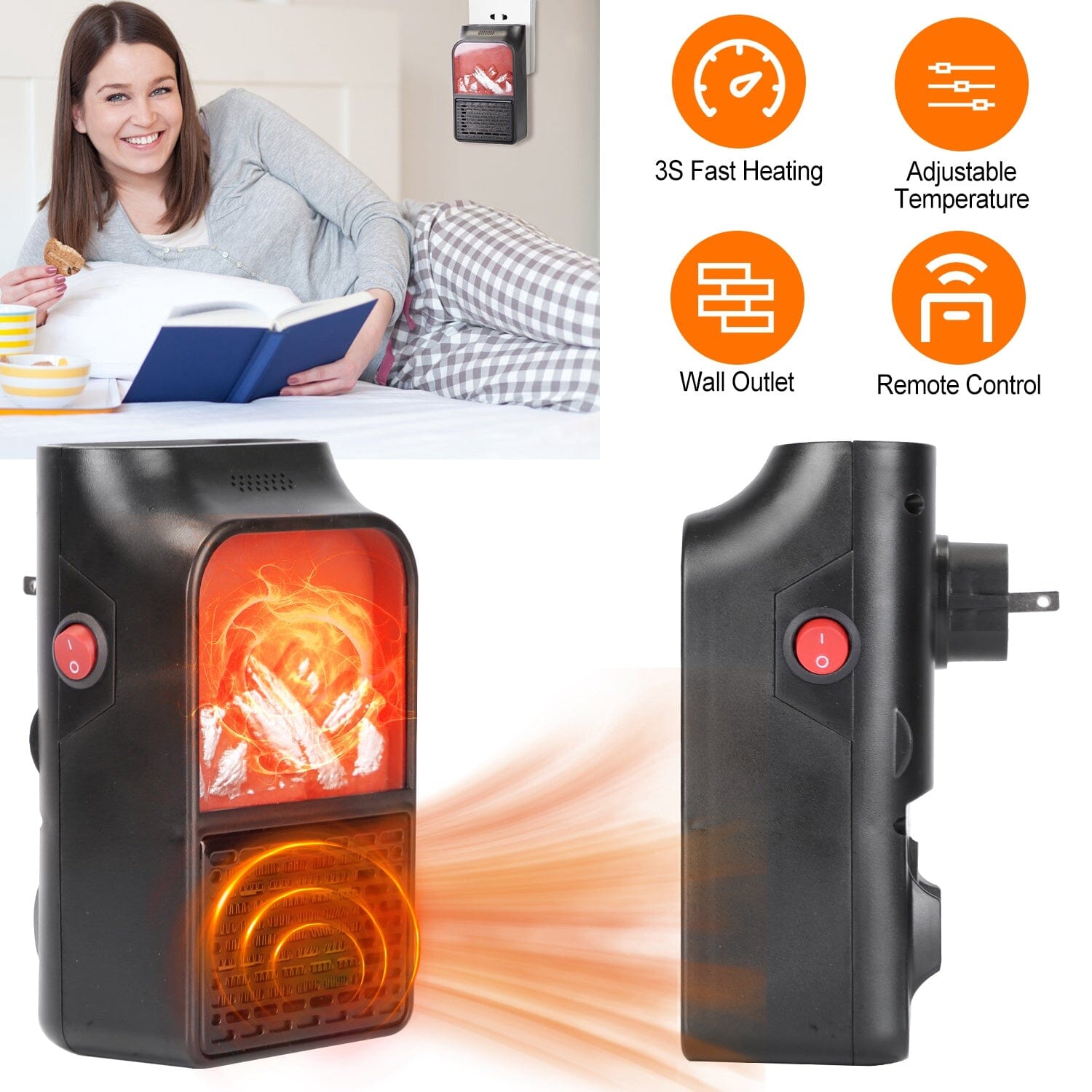 800w Plug-In Space Heater Wall Outlet with 360° Rotatable Plug For Nice Online