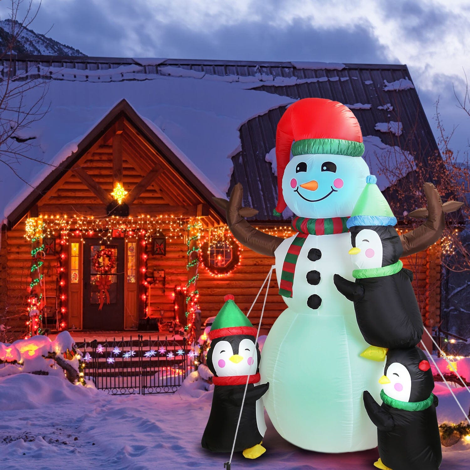 5.9Ft Snowman and Penguin Blow Up Yard Decoration with LED Light Built-in Air Blower Free Shipping For Sale