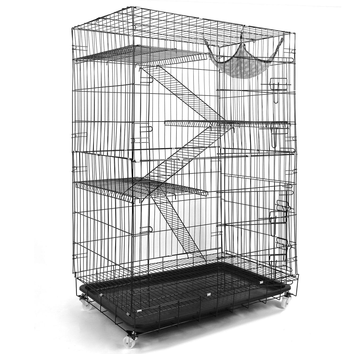 4-Tier Cat Cage with 360° Lockable Wheels, 3 Doors, 3 Ladders and 1 Hammock Fashionable Cheap Online