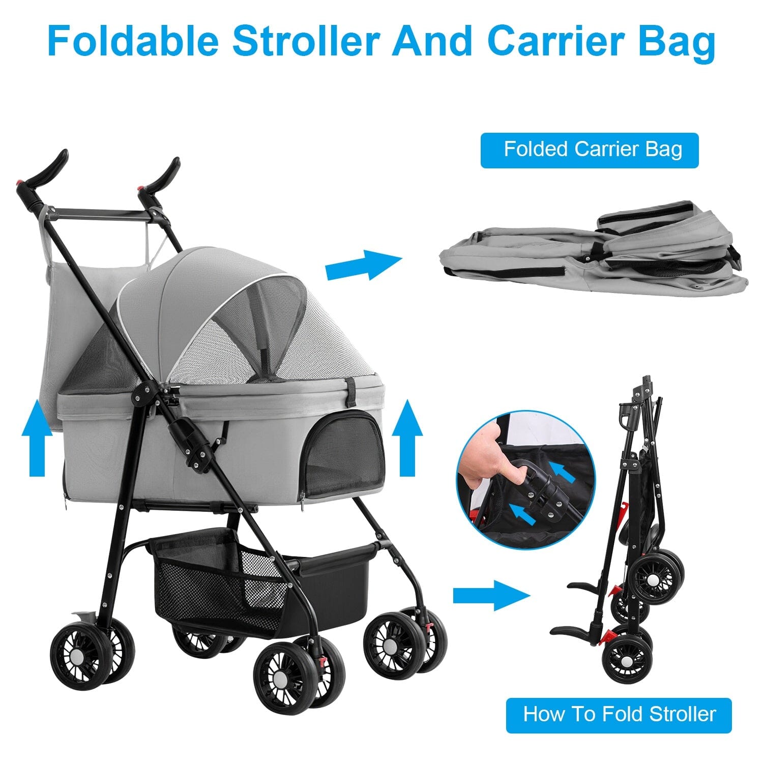 4 Wheels Pet Stroller Foldable with Removable Liner Storage Basket Amazon For Sale