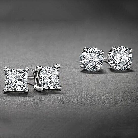 2-Pairs: White Gold High Polish Finish Stud Earrings Cubic Zirconia Round and Princess Cut Outlet Low Shipping Fee