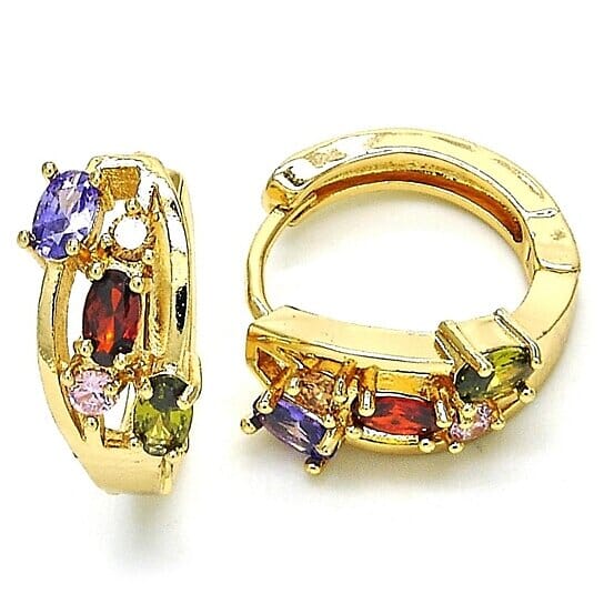 Multi Color Halo Huggie Oval Stones Earrings In Yellow Gold Filled High Polish Finish High Quality For Sale