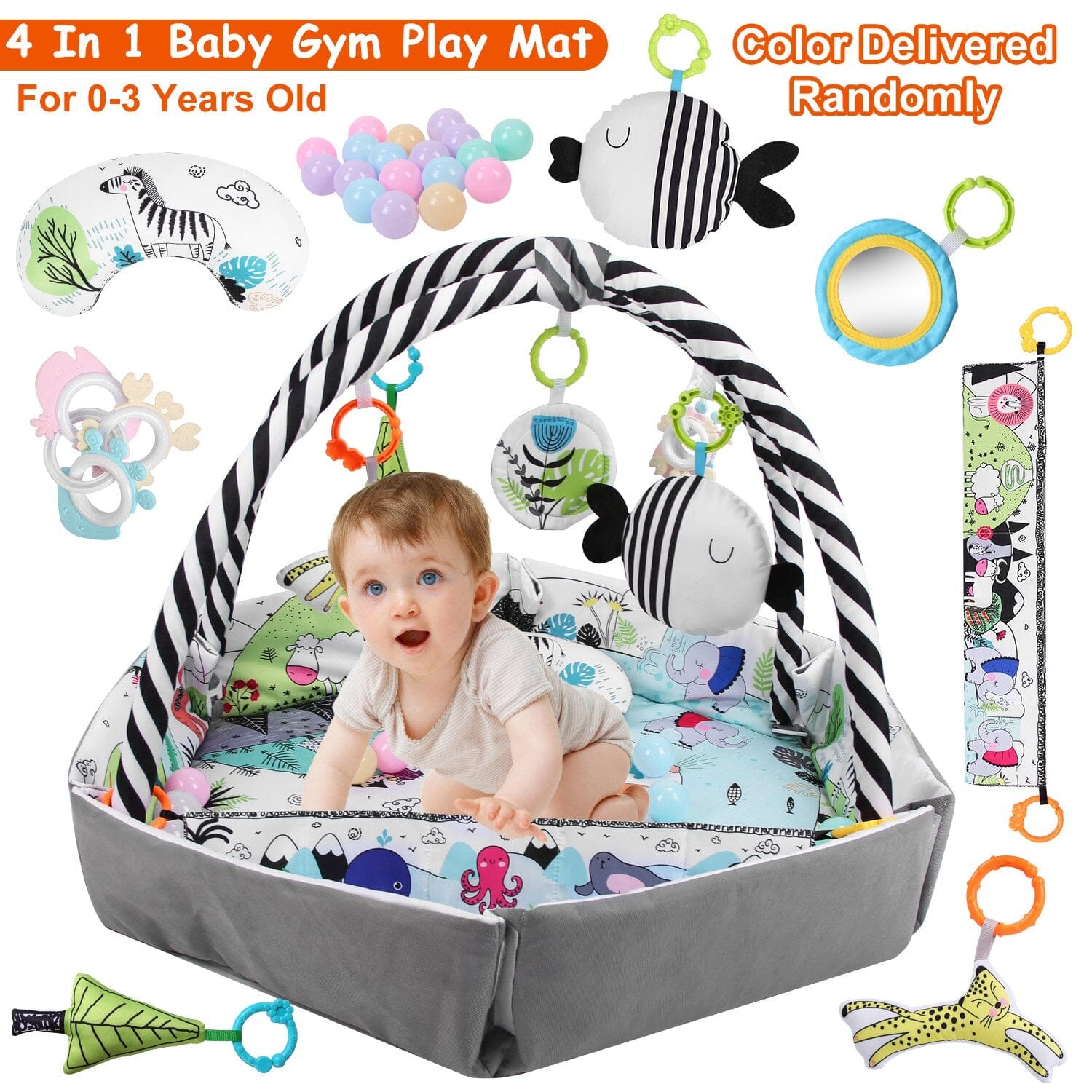 4-in-1 Baby Gym Play Mat Ball Pit with Pillow 18 Balls 9 Toys for 0-3 Years Old Fashionable Cheap Online