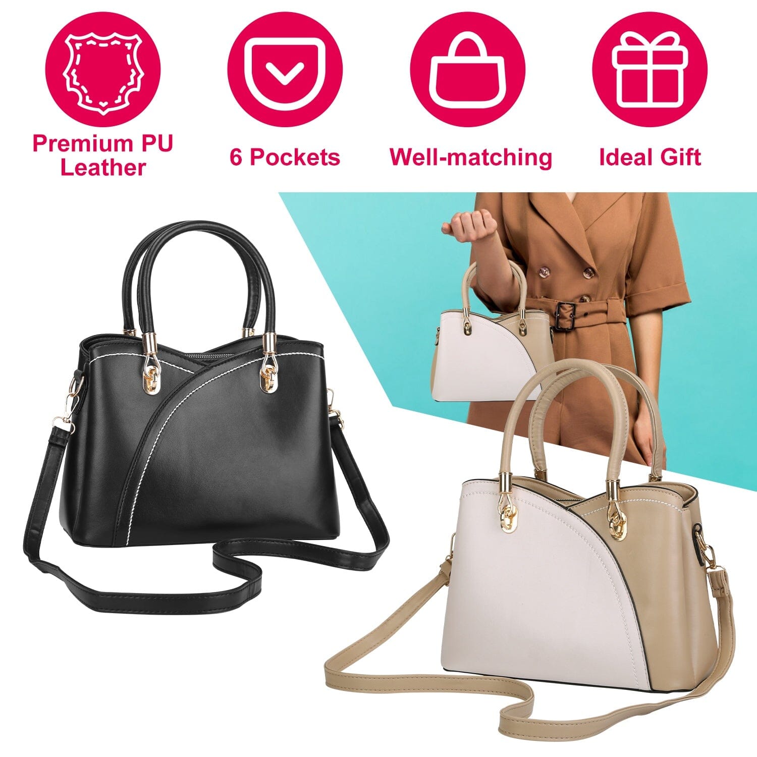 Women Medium Sized Leather Satchel Crossbody Bag with Stylish Stitching Detachable Strap Sale Visit