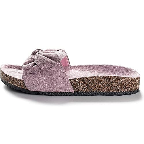 Roxoni Women Comfort Sandals Ribbon Bow Top EVA Flat Slides Footbed Suede with Arch Support Non-Slip Cheap Discount Sale