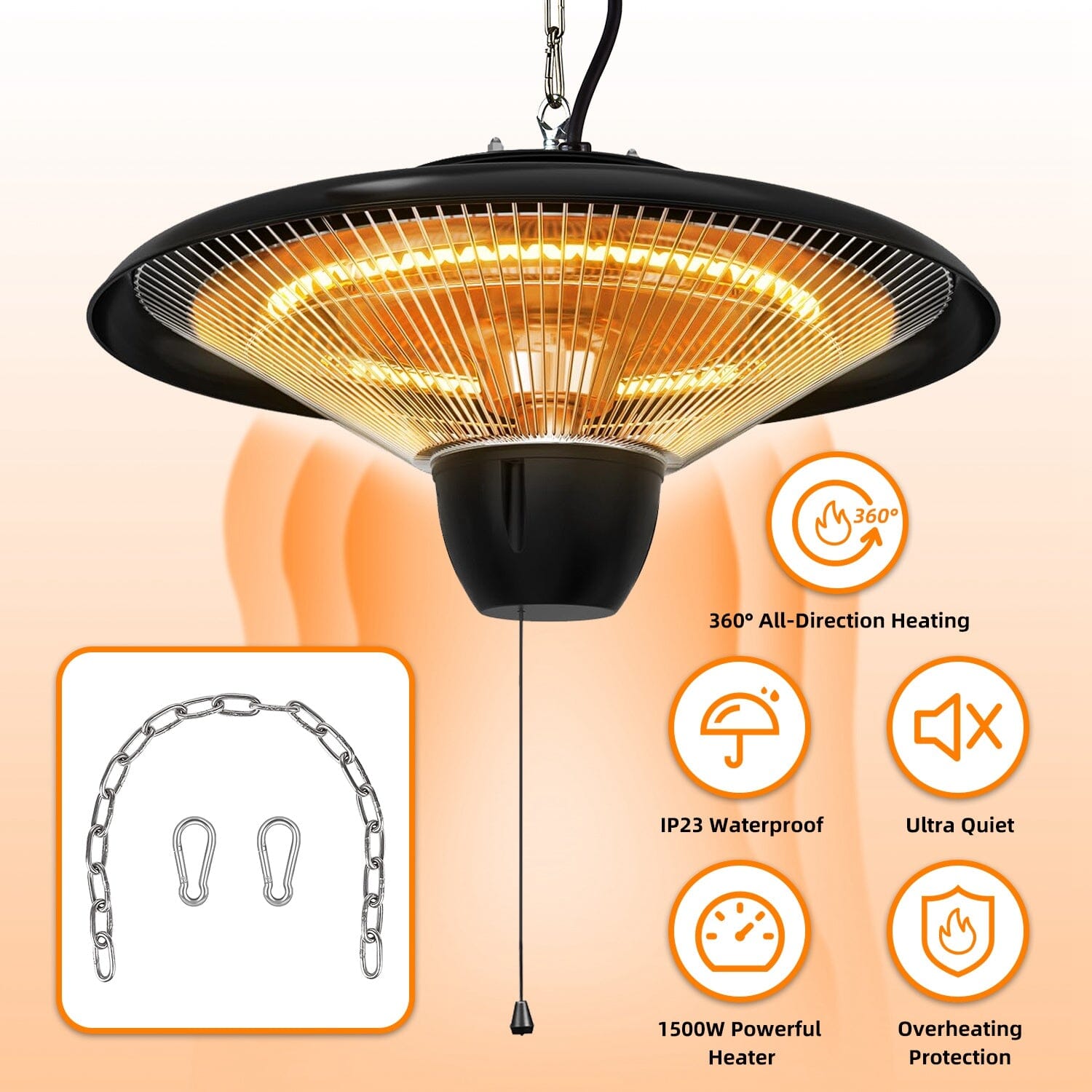 1500W Outdoor Hanging Patio Ultra-Quiet Electric Heating Lamp Newest Online