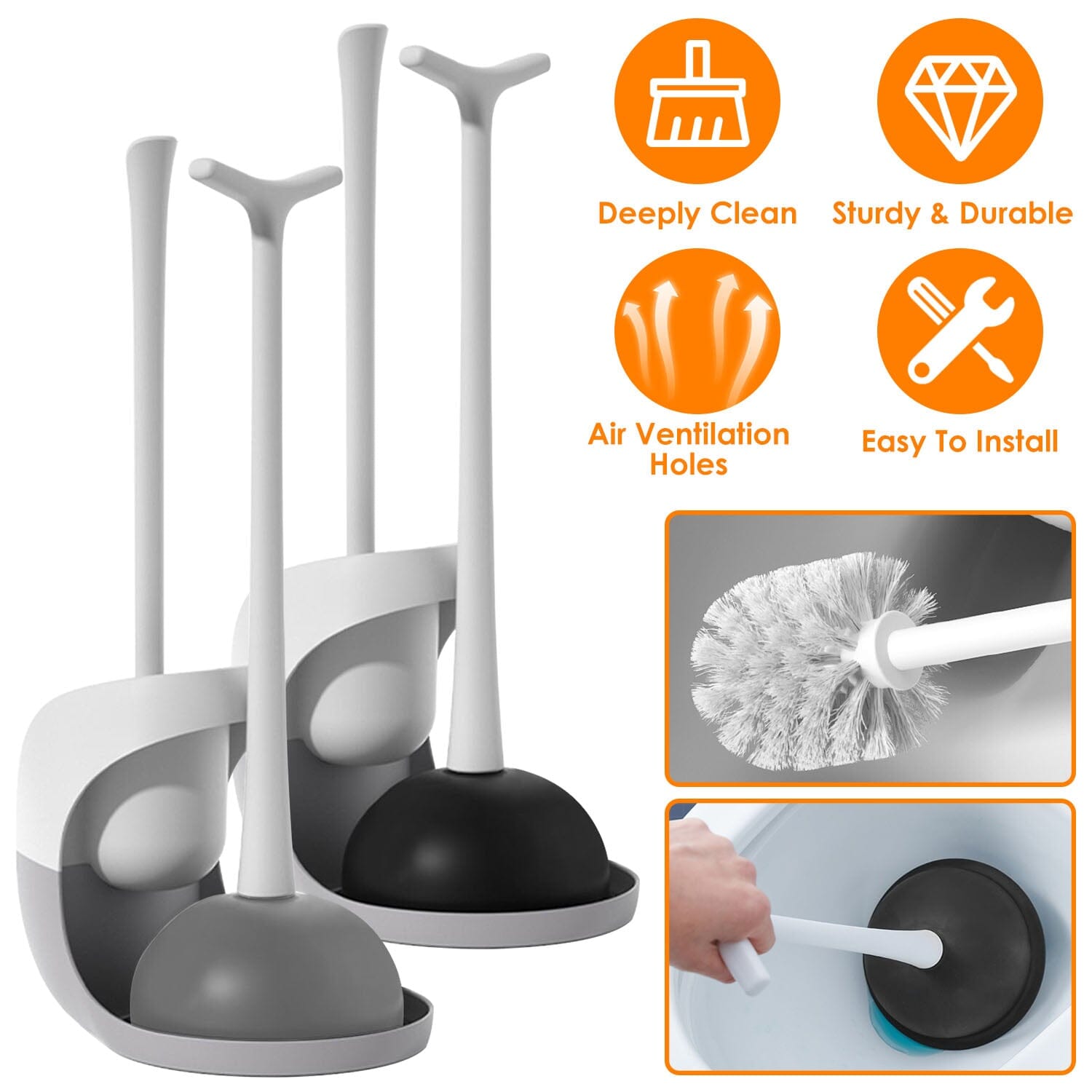 2-in-1 Toilet Plunger and Brush Combo Set with Ventilated Holder Comfortable