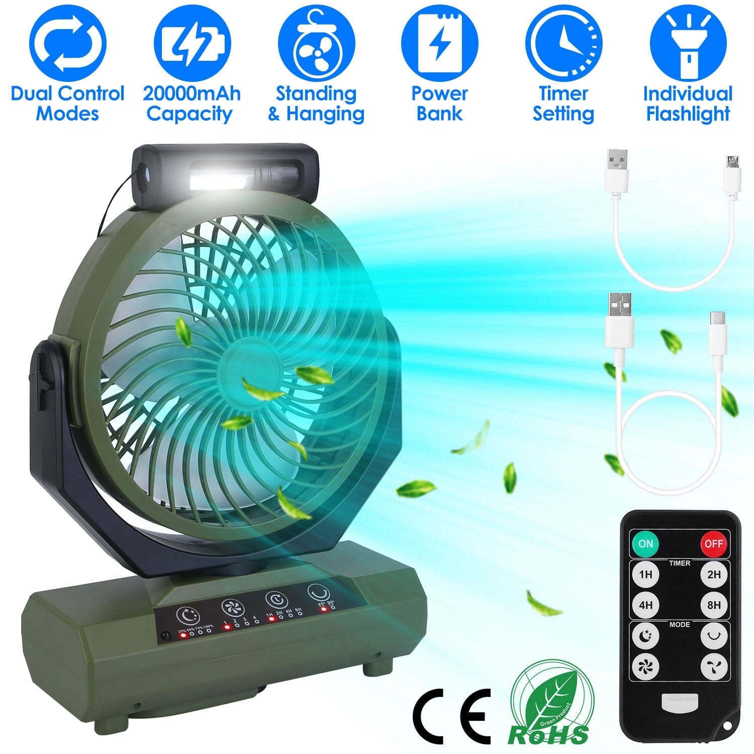 20000mAh Rechargeable Oscillating Camping Fan with Flashlight Hanging Hook Remote Control Comfortable Cheap Online