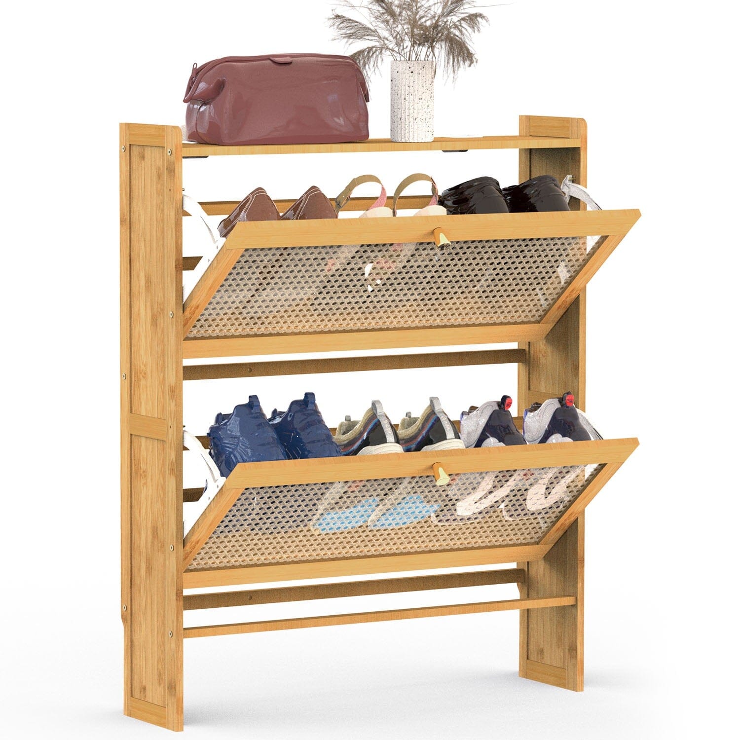 2-Tier Shoe Cabinet with 2 Flip Drawers Slim Bamboo Rack Narrow Shoe Organizer Largest Supplier For Sale