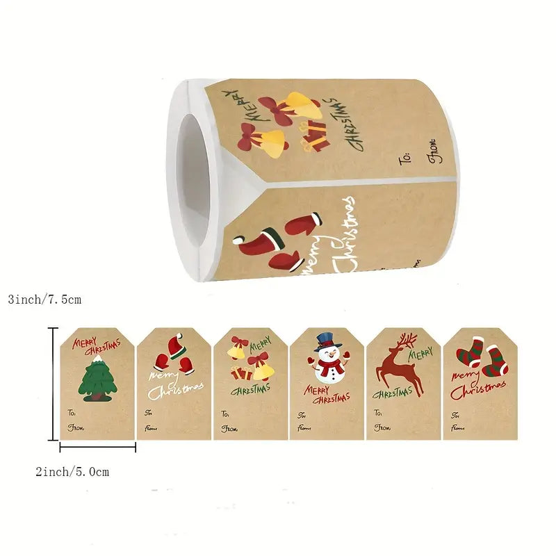 250 Pieces/Roll Christmas Stickers - 2x3 Kraft Paper Tree Socks Snowman Elk Merry Christmas Outlet Clearance