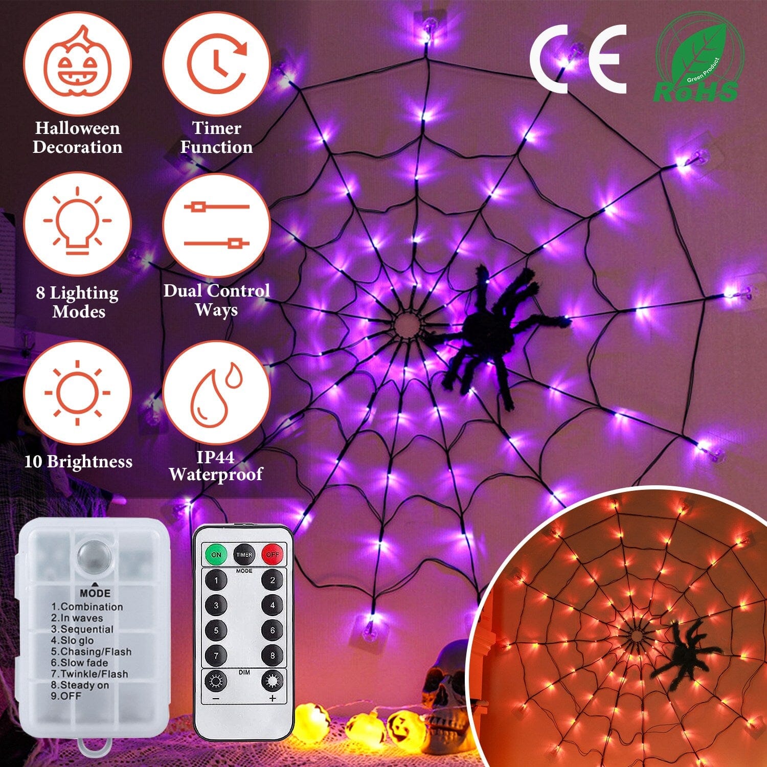 Spider Web Light with Hairy Spider 70LED Battery Powered Remote Control 8 Lighting Modes Free Shipping 2025