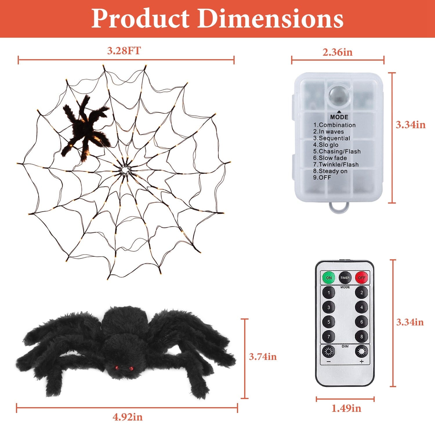 Spider Web Light with Hairy Spider 70LED Battery Powered Remote Control 8 Lighting Modes Free Shipping 2025