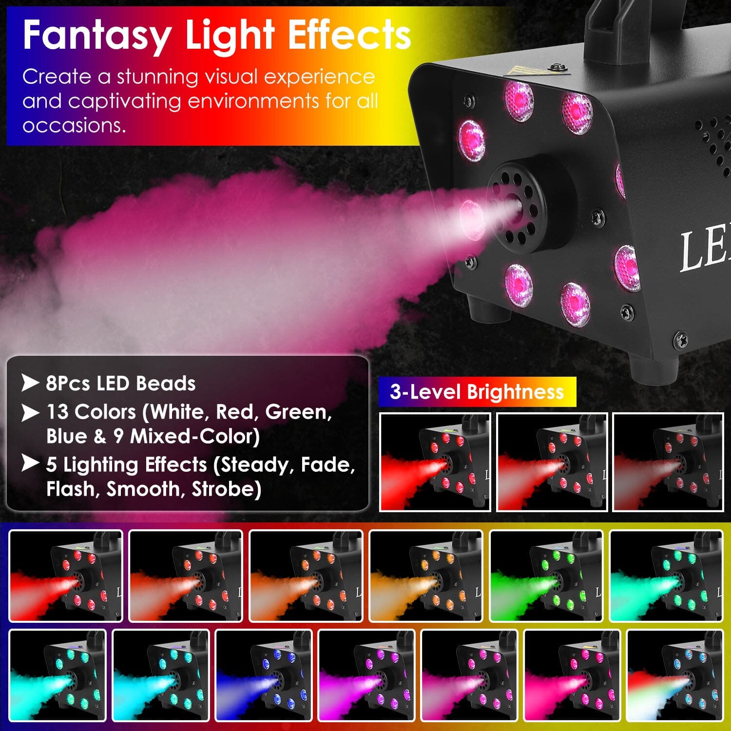 500W Fog Machine 2000CFM Colorful Smoke Machine with 8-Pieces LEDs 5 Lighting Effects 3-Level Brightness Clearance How Much