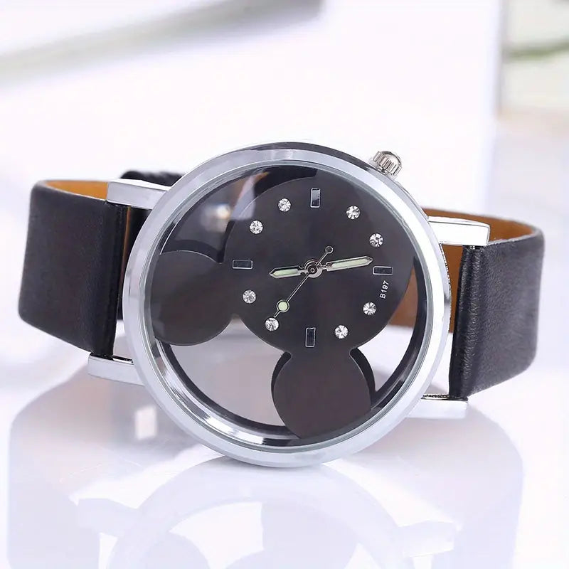 Girls Cute Elegant Hollow Out Mouse Quartz Watch With Faux Leather Band Fashionable For Sale