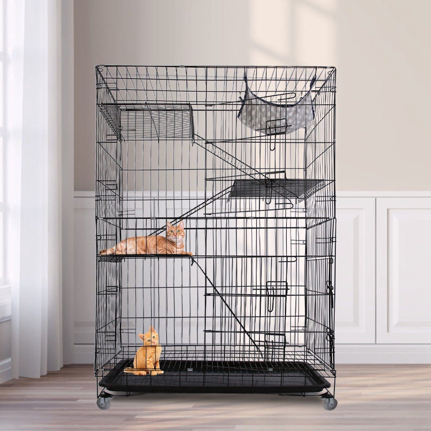 4-Tier Cat Cage with 360° Lockable Wheels, 3 Doors, 3 Ladders and 1 Hammock Fashionable Cheap Online