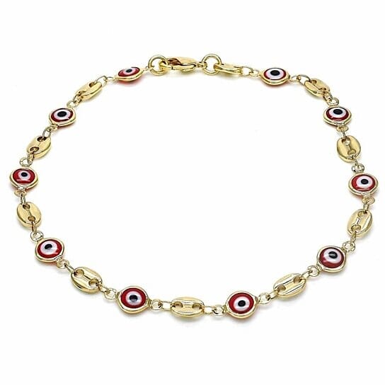 18k Women's Gold Filled High Polish Finish Mariner Marina- Red Evil Eye Lobster Clasp Ankle Bracelet 10'' Inch Sale Hot Sale