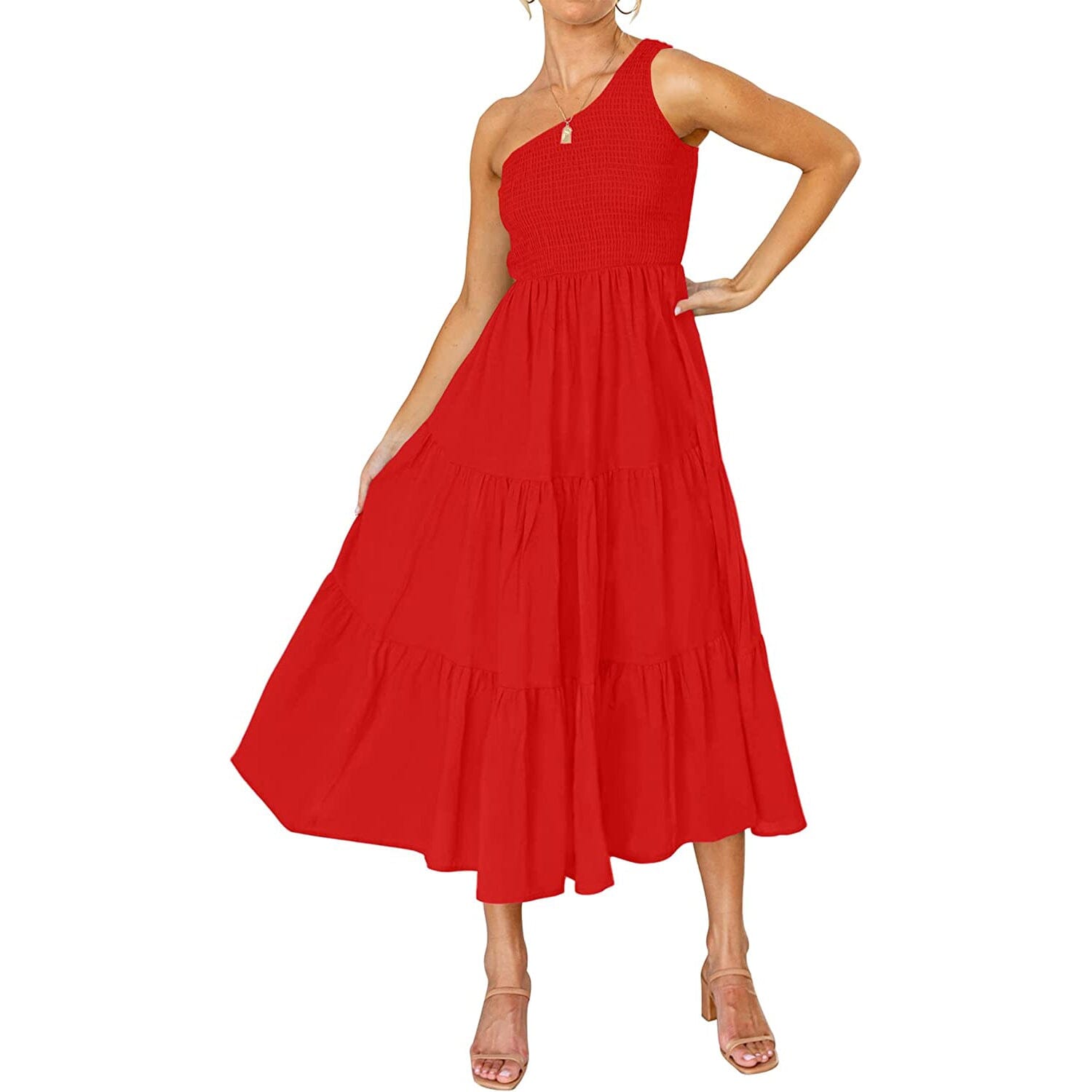 Womens One Shoulder Sleeveless Smocked Ruffle Tiered Beach Long Midi Dress Discount 2025 Unisex