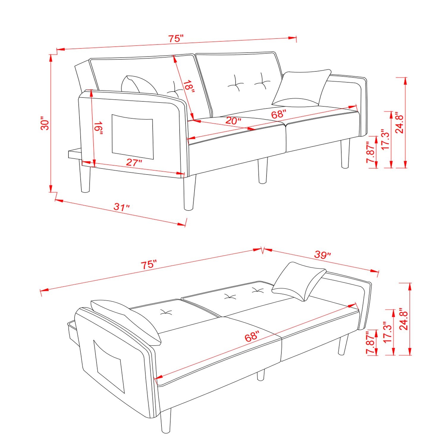 Convertible Futon Sofa Bed with 2 Pillows Buy Cheap Order