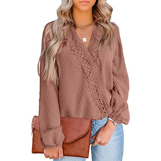 Women's V Neck Chiffon Lace Pom Pom Long Sleeve Top Clearance Official