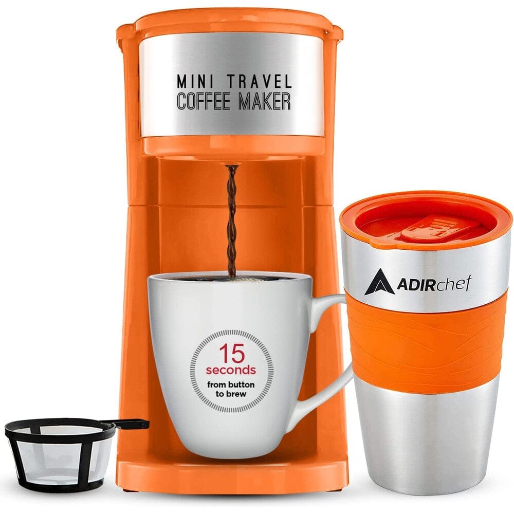 AdirChef Mini Travel Single Serve Coffee Maker & 15 oz. Travel Mug Coffee Tumbler & Reusable Filter Outlet Choice