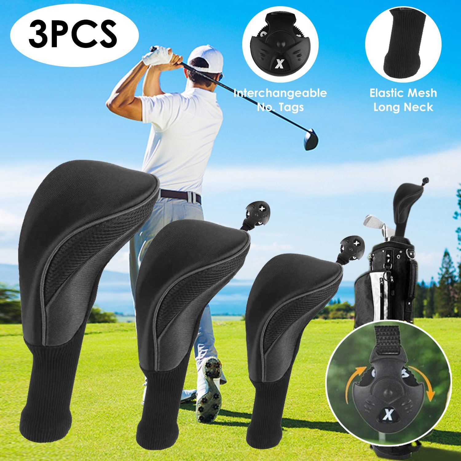 3-Piece: Long Neck Mesh Golf Club Head Cover Fashionable For Sale