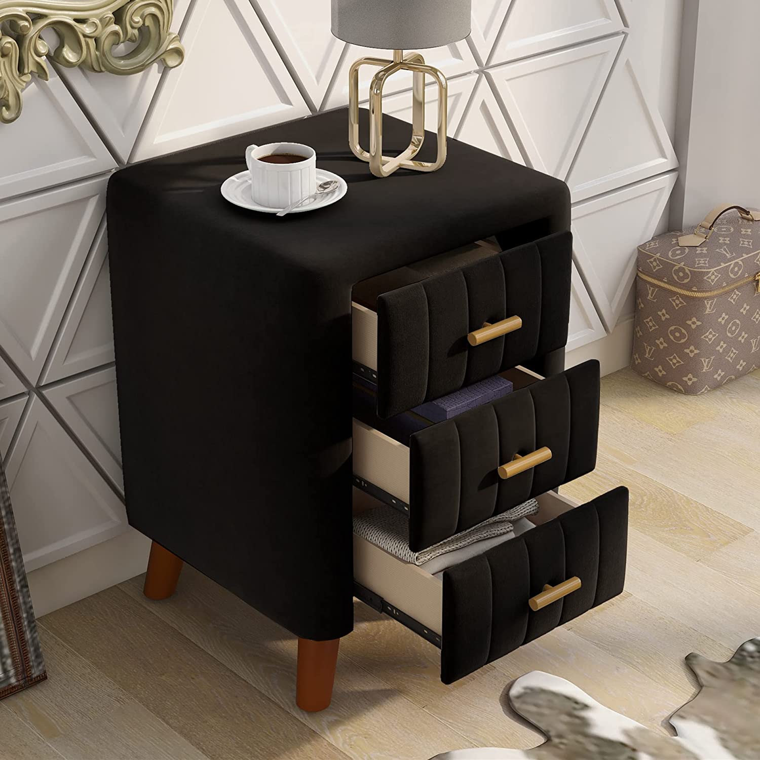 Modern Bedside Velvet Upholstered 3-Drawer Nightstand with Metal Handles Best Sale Online