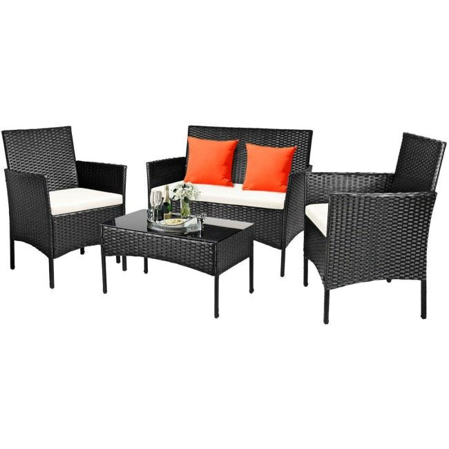 4-Piece: Cushioned Sofa Set with Glass Coffee Table Cheap Footlocker