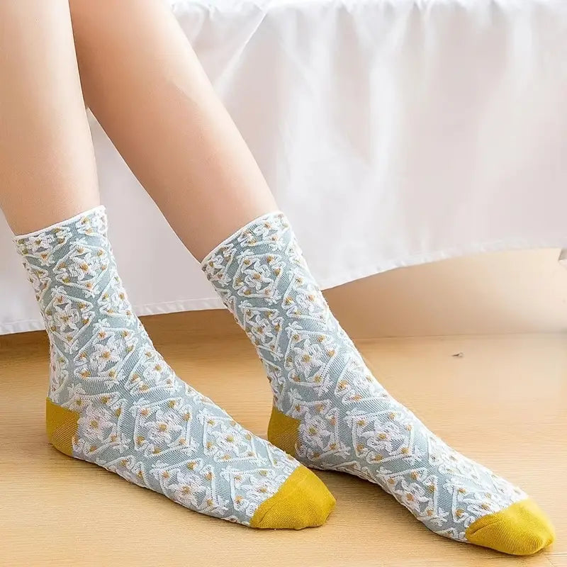 5-Pairs: Flower Geometric 3D Textured Ankle Cotton Blend Cottage Core Lucky Socks Clearance Online Fake