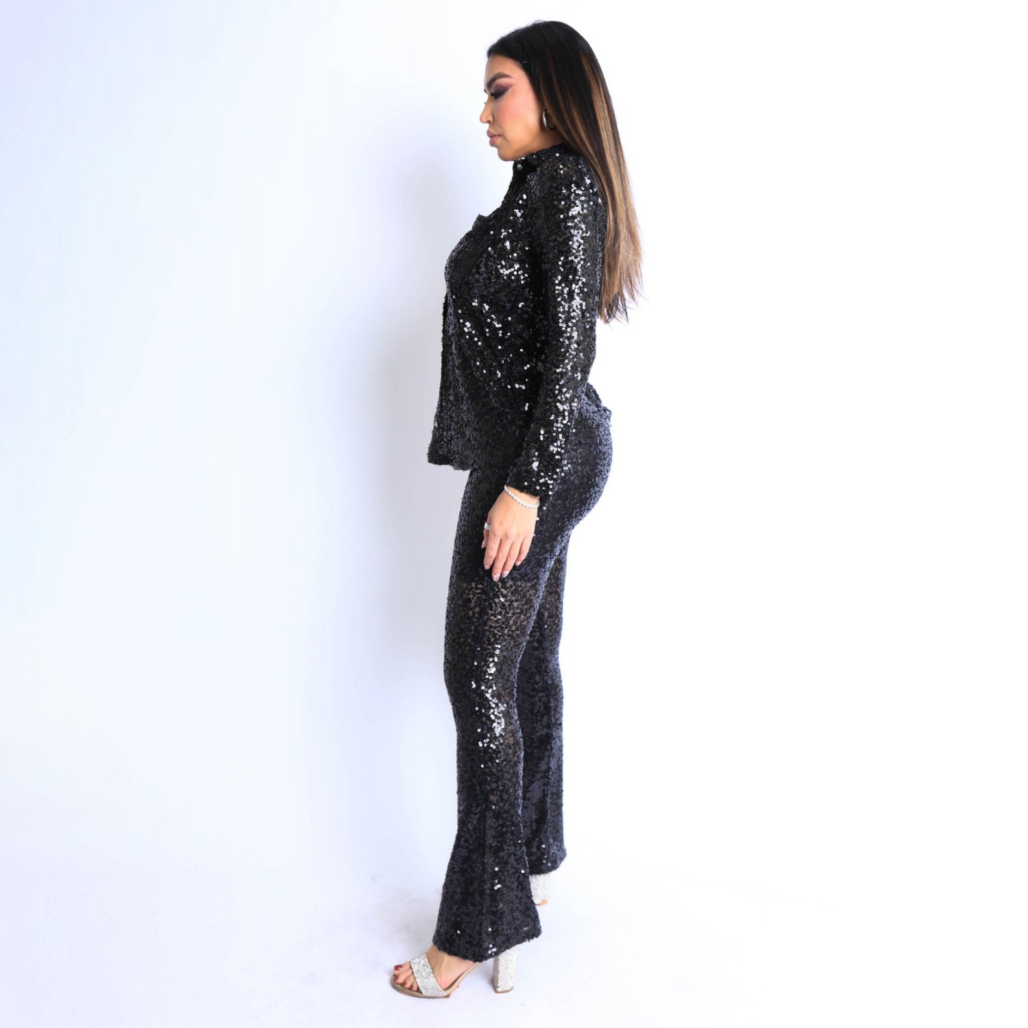 Sequin Button Down Shirt and Pant Set Outlet Newest