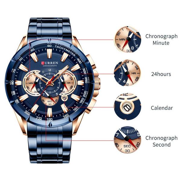 CURREN Men's Multifunctional Chronograph Calendar Quartz Waterproof Full Steel Watch Outlet Deals