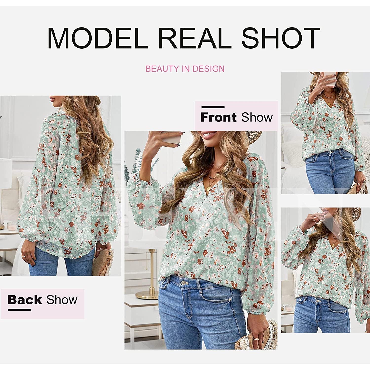 Womens Casual Boho Floral Print V Neck Long Sleeve Loose Blouse Clearance In China